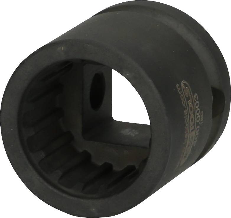 Schwarze Stecknuss mit quadratischer Öffnung und Zacken innen, verwendet für Drehmomentschlüssel und Ratschen im Fahrzeugbereich.