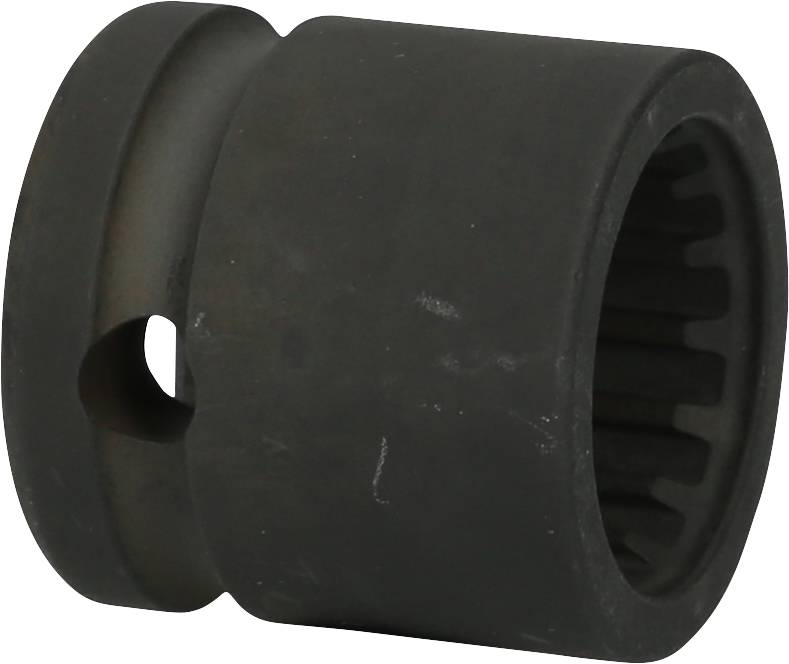 Ein schwarzes Metallzahnrad mit einem runden Loch an der Seite und gezahnten Innenflächen.