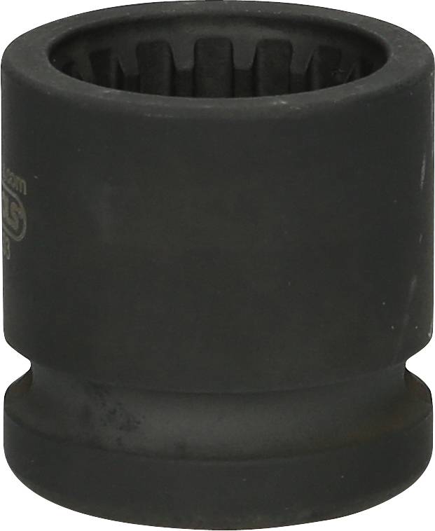 Schwarze, zylindrische Stecknuss aus Metall mit längs verlaufenden Innennuten, vermutlich für Ratschen- oder Schraubenschlüssel.