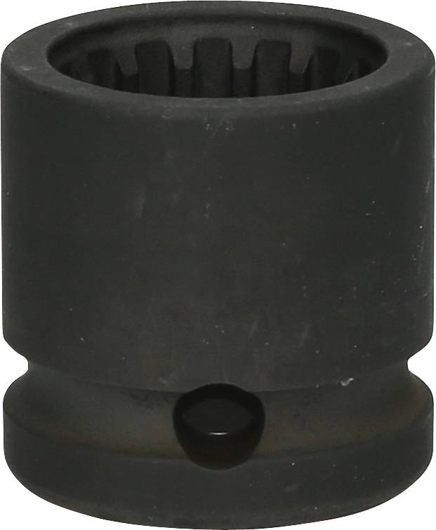 Ein schwarzer, zylindrischer Metallaufsatz mit einem innen geriffelten Ende und einem runden Loch in der Mitte der Basis.