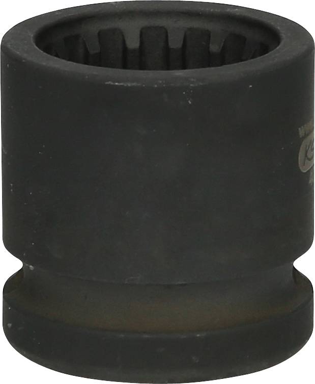 Bild einer tiefen Stecknuss, schwarz, mit einem gezahnten Innenprofil. Werkstattwerkzeug zur sicheren Befestigung von Muttern oder Schrauben auf Rotoren.