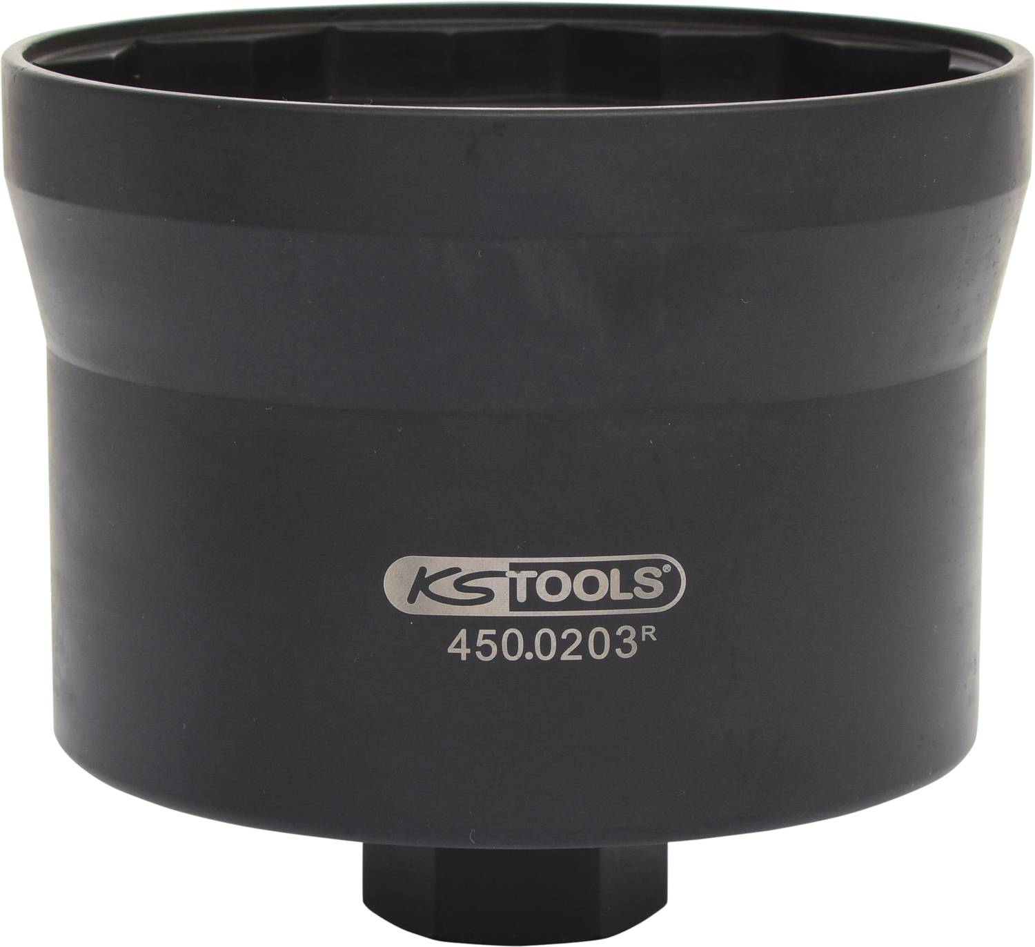 Schwarze, zylinderförmige Stecknuss von KS Tools mit der Aufschrift '450.0203' auf der Seite.