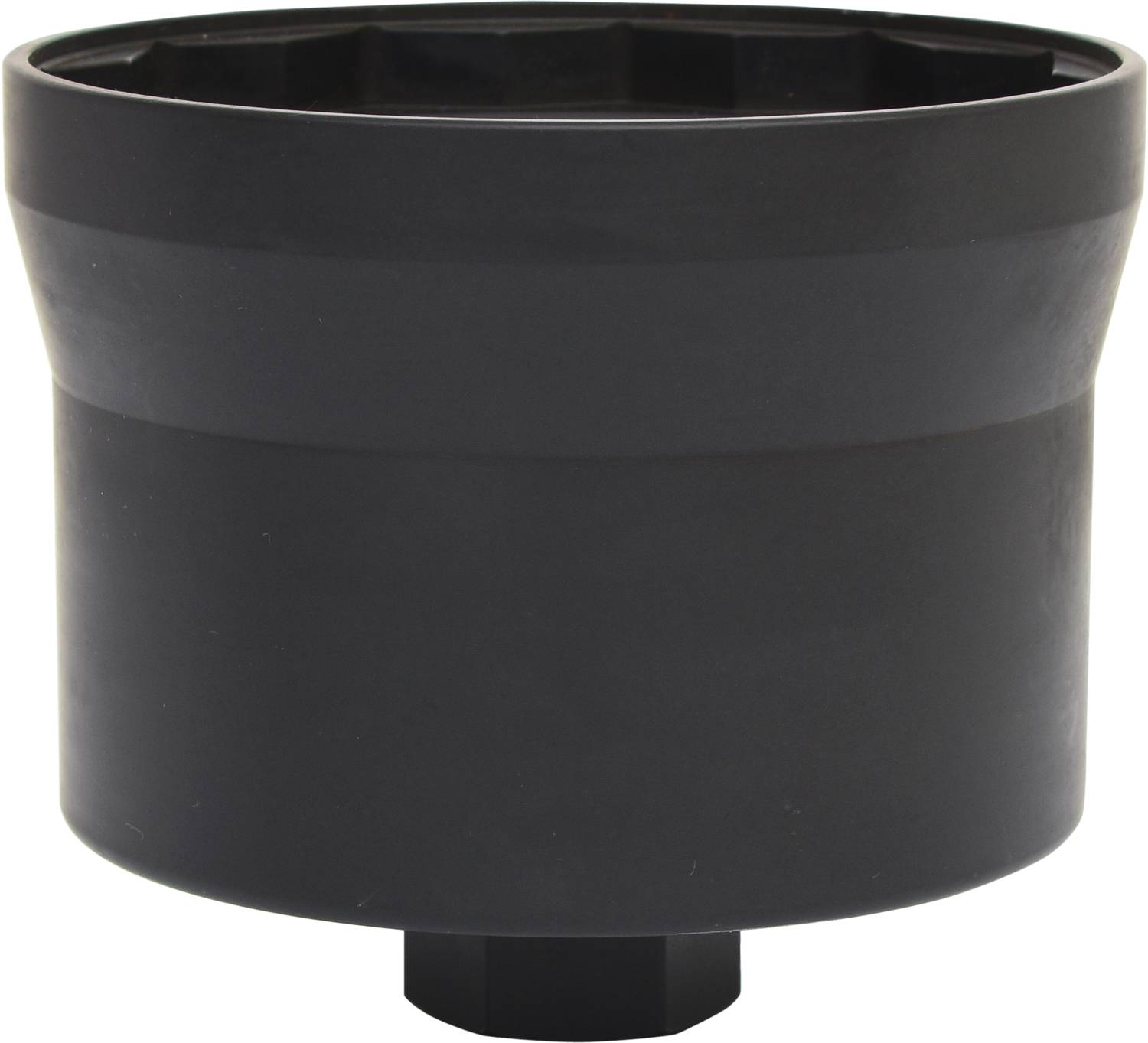 Schwarzes Plastikteil, zylindrisch, mit breiterer Oberseite. Möglicherweise ein Deckel oder Adapter für ein spezifisches Gerät oder System.
