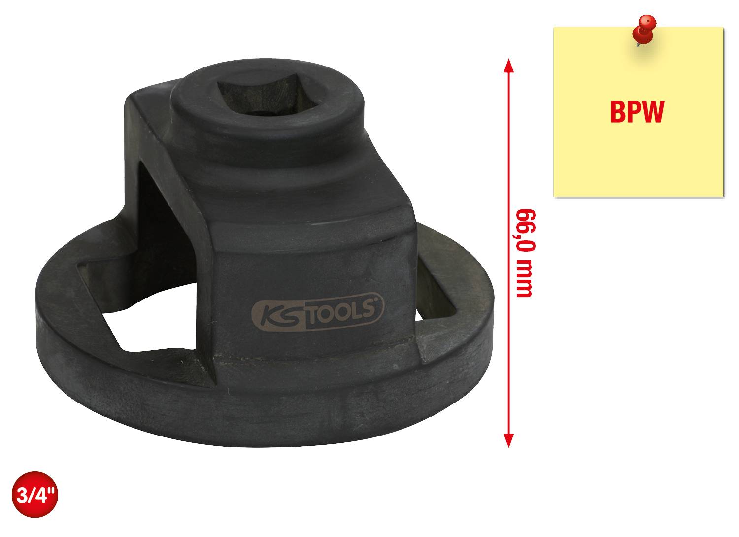 Schwarzes KS Tools Spezialwerkzeug mit 66,0 mm Höhe und 3/4 Zoll Aufnahme für BPW Muttern.