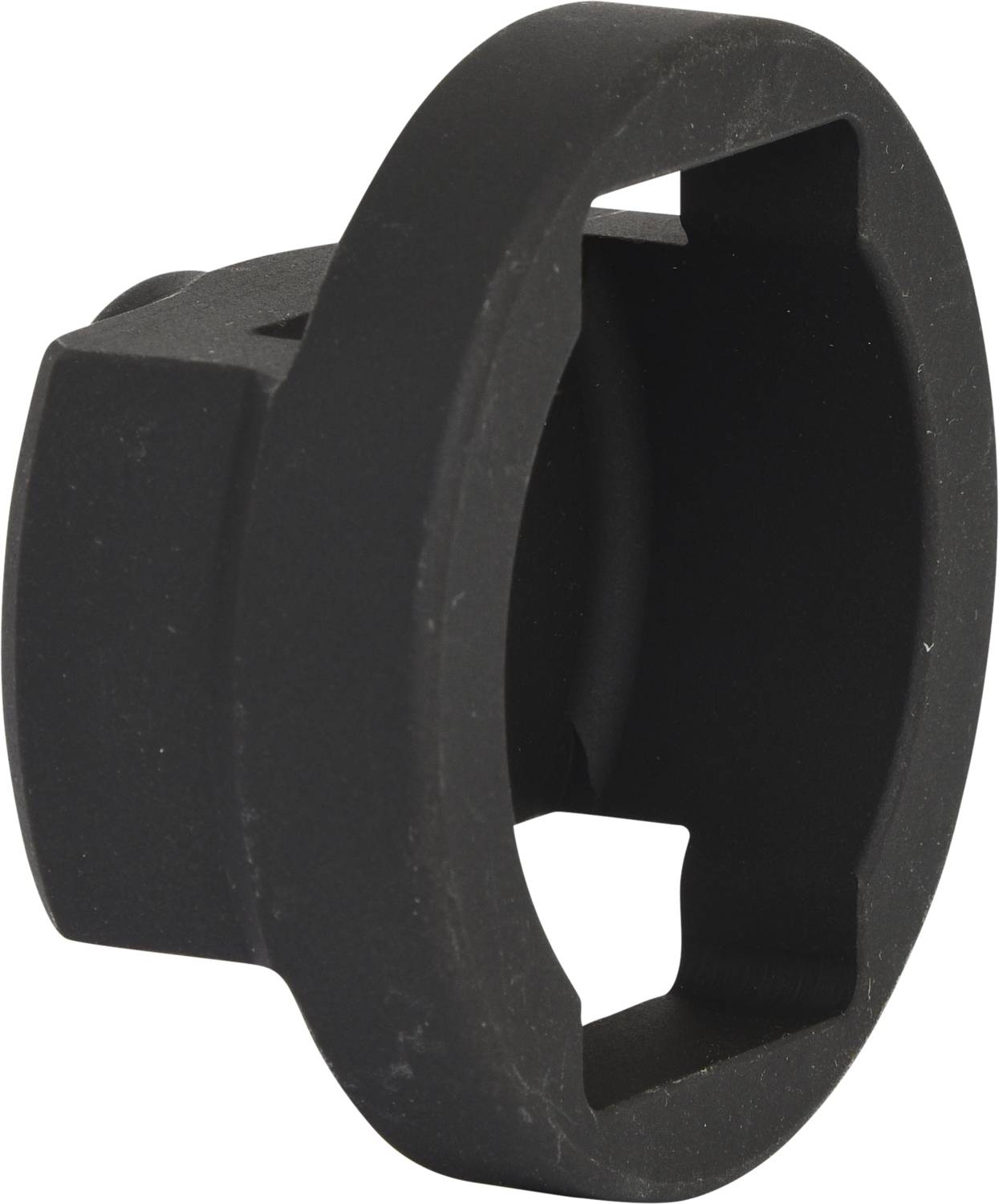 Schwarzes, zylindrisches Werkzeug, möglicherweise ein Steckschlüsselaufsatz, mit zwei rechteckigen Aussparungen an der Basis.