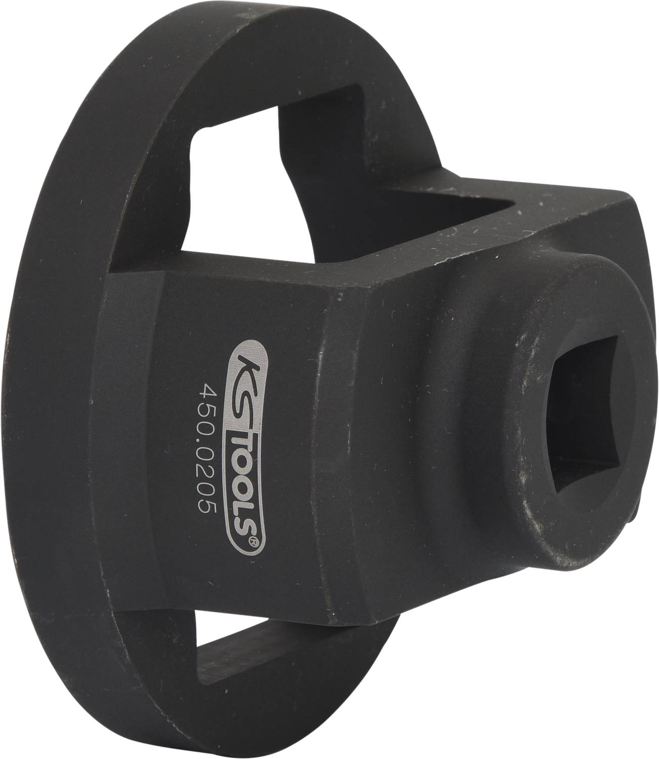 Ein schwarzer Steckschlüssel von KS Tools, Modellnummer 450.0205, mit einer runden und sechseckigen Öffnung für Montagearbeiten.