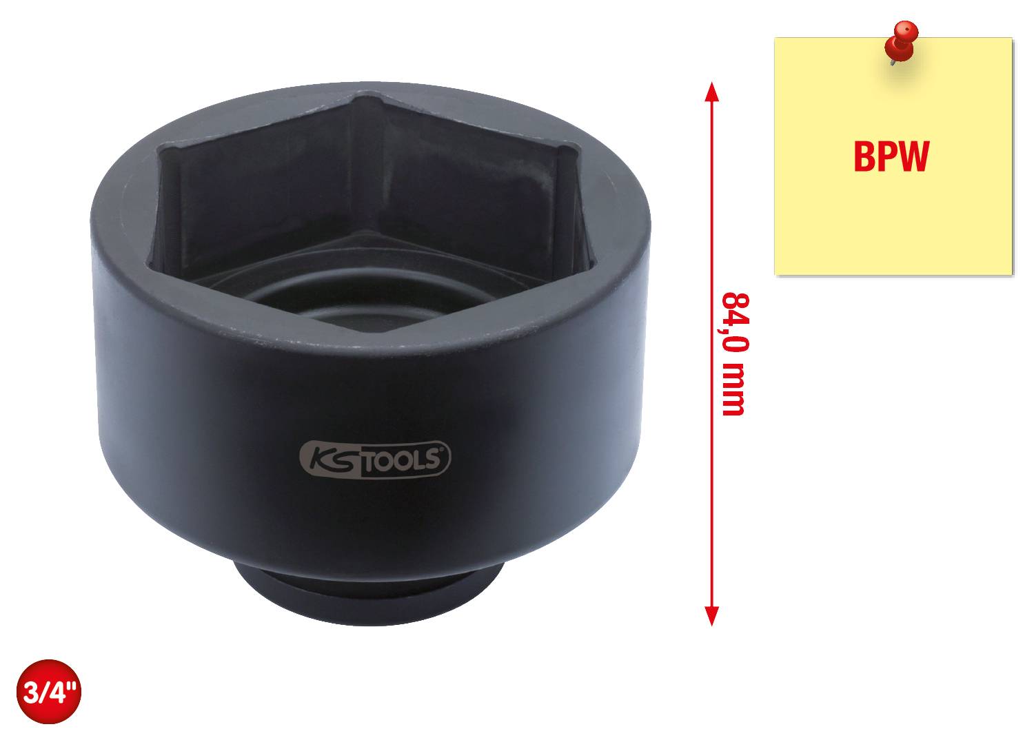 Schwarzer Steckschlüssel der Marke KS Tools, 84,0 mm Durchmesser, passend für BPW, mit rotem Pfeil, der auf die Größe hinweist.