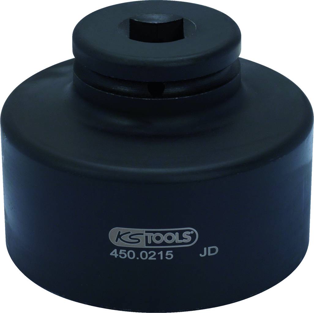 Ein schwarzer Steckschlüsselaufsatz mit der Aufschrift 'KS Tools 450.0215 JD'.
