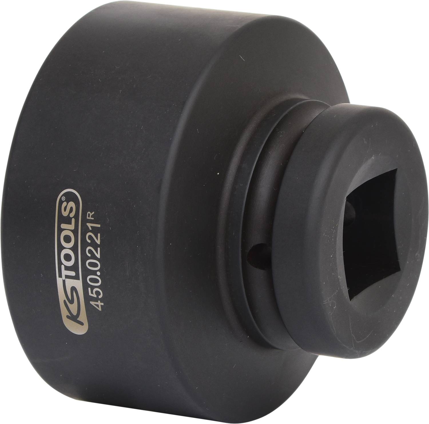 Schwarze Stecknuss mit quadratischer Aufnahme und eingravierter Aufschrift 'KS Tools 450.0221'.