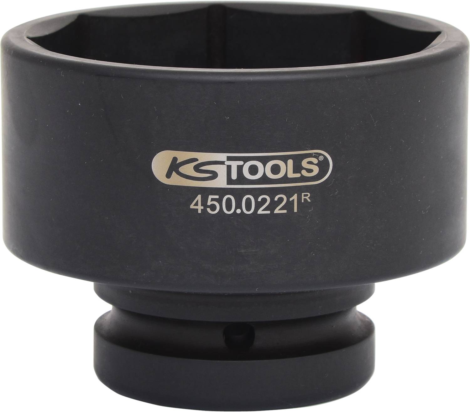 Eine schwarze Stecknuss mit der Aufschrift 'KS TOOLS 450.0221R', verwendet für die Montage oder Demontage spezieller Muttern.