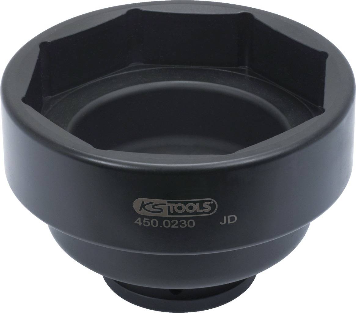 Schwarzer Ölfilter-Schlüssel aus Metall mit Aufschrift 'KS TOOLS 450.0230 JD', verwendet zum Lösen von Ölfiltergehäusen.