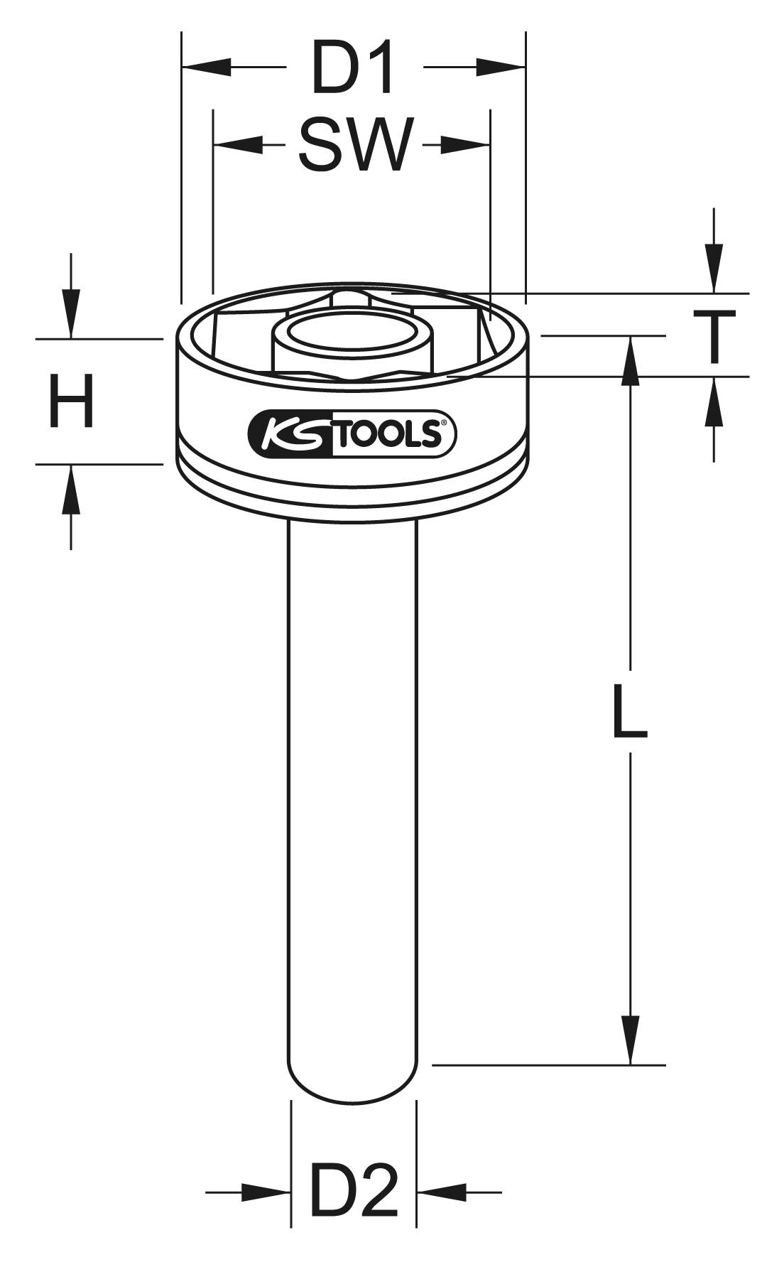 Technische Zeichnung eines Werkzeugs mit Beschriftungen für Maße D1, SW, D2, H, T, und L. Obere Ansicht zeigt runde Form mit Logo 'KS Tools'.