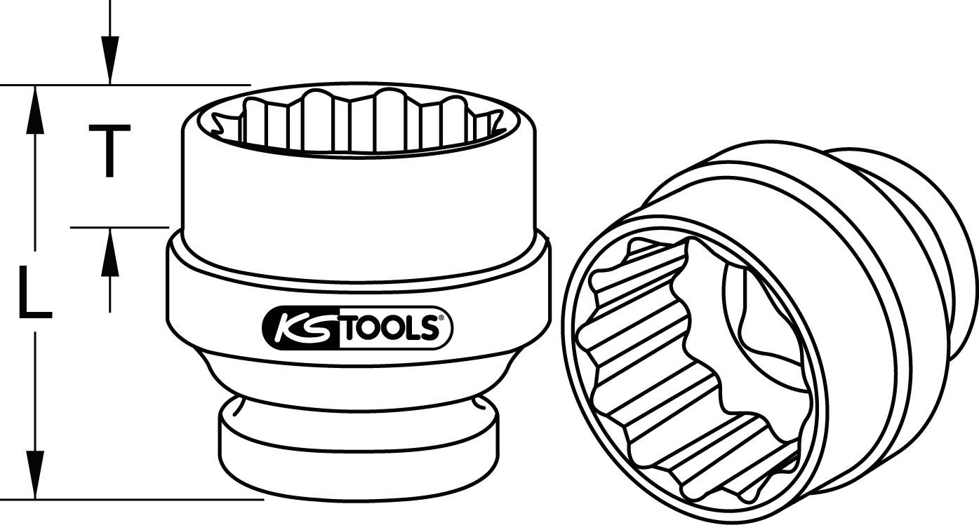 'KS Tools'-Logo-Skizze von zwei Steckschlüsseleinsätzen. Einer zeigt die Höhe (L, T), der andere die Profilform.