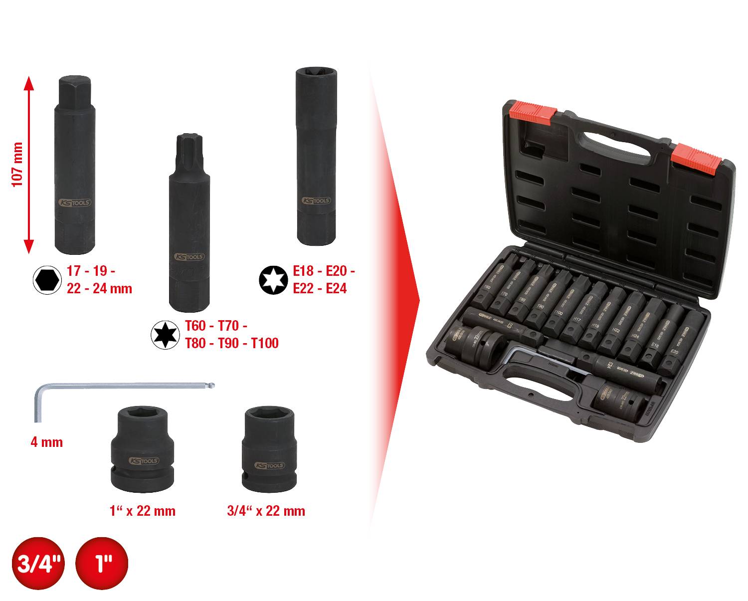 Satz Nüsse und Schlüsseln, 107 mm, Größen 17-24 mm, T60-T100, inklusive 1-Zoll-Stück und Koffer mit verschiedenen Werkzeugen.