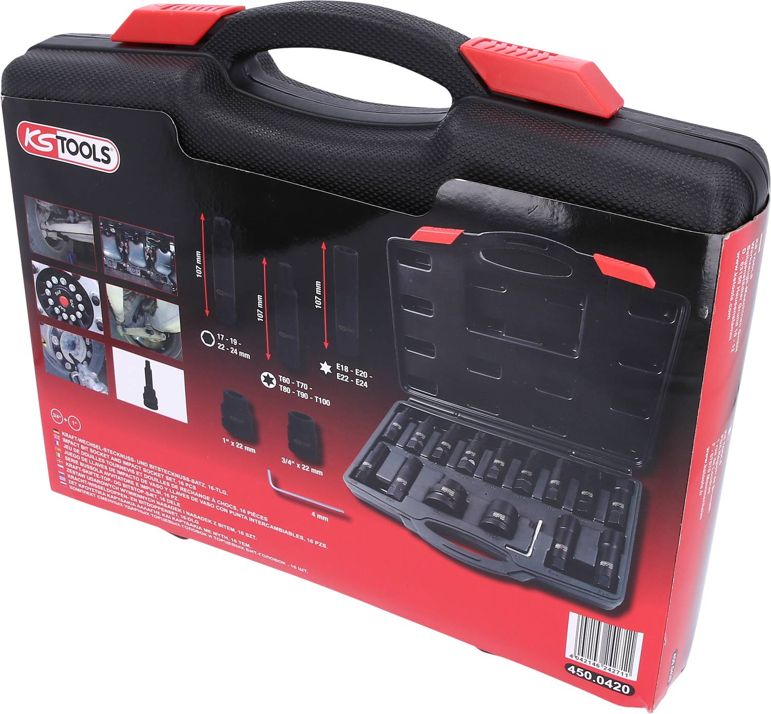 'KS Tools' Koffer mit Stecknuss-Satz für Radmontage. Zeigt Produktbild und Anwendungsabbildungen.