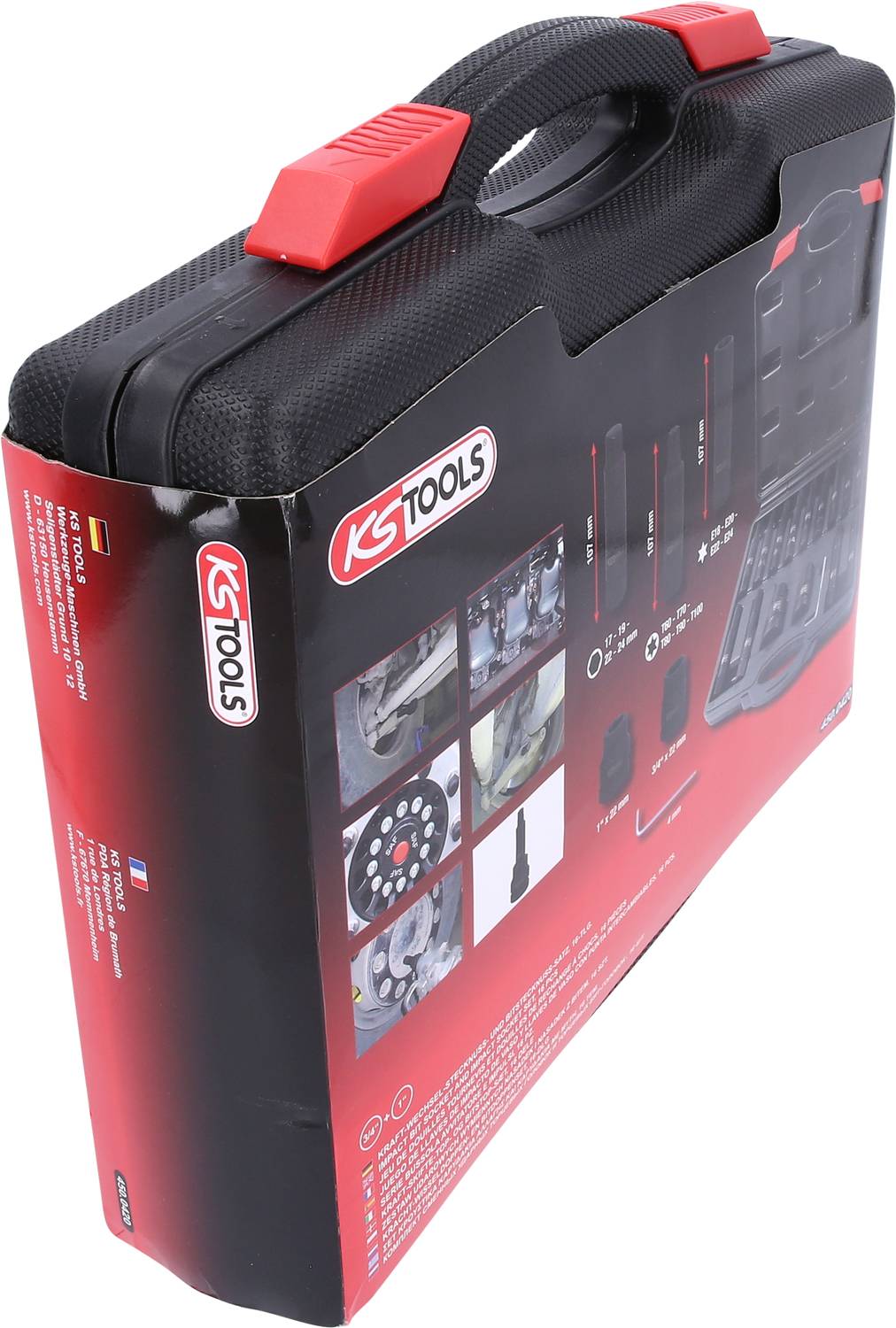 Werkzeugkoffer von KS Tools, schwarze Hartschale mit rotem Griff, Aufschrift und Symbolen auf der Verpackung.