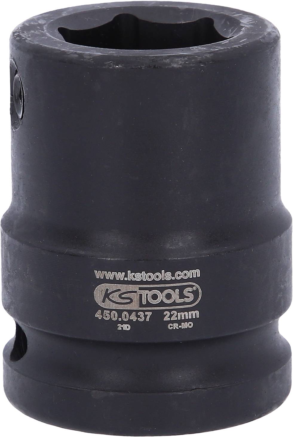 Eine schwarze 22-mm-Stecknuss mit der Beschriftung 'ks-tools.com', Produktnummer 450.0437, geeignet für Kfz-Werkzeuge.