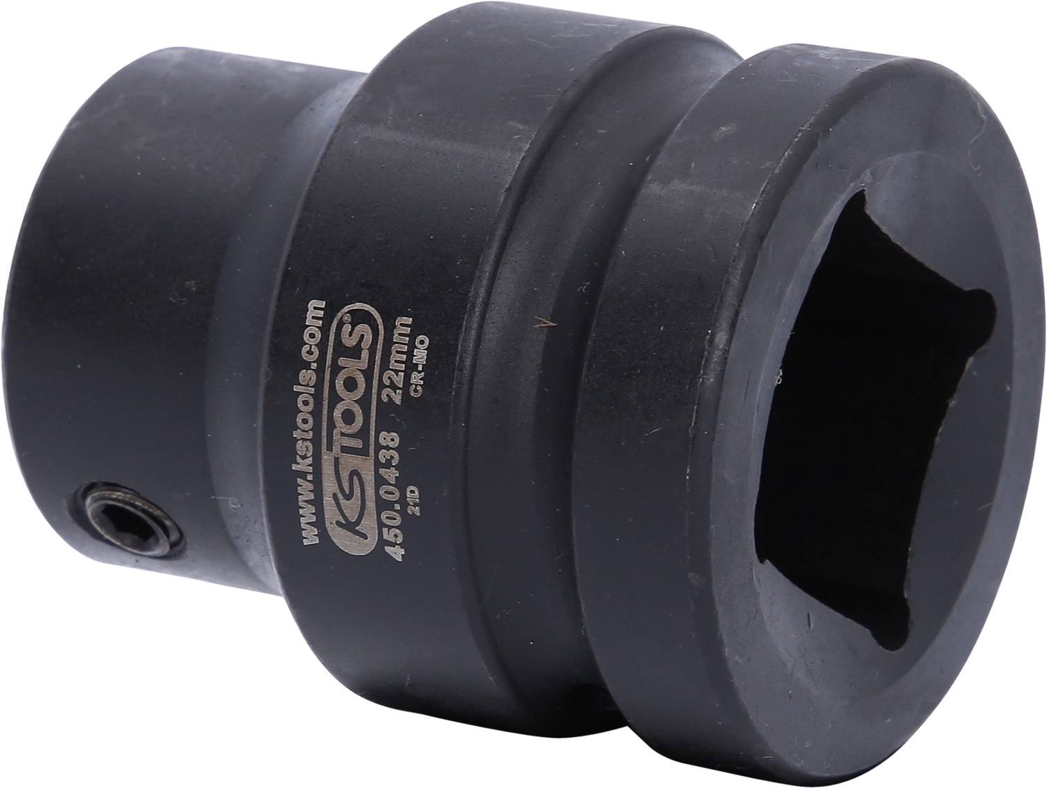 Grosser schwarzer Steckschlüsseleinsatz mit 22 mm Größe für Werkzeugarbeiten.