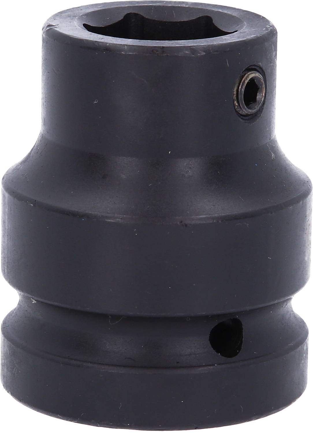 Eine schwarze Schraubenkupplung aus Metall mit einem sechseckigen Innenbereich und seitlicher Schraube, verwendet in Maschinen.