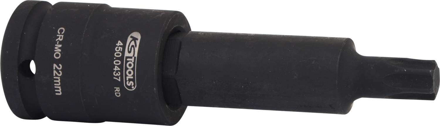 Schwarz lackierter Schraubadapter mit 'KS Tools'-Logo und Angaben zu Größe und Material. Geeignet für spezielle Schraubverbindungen.