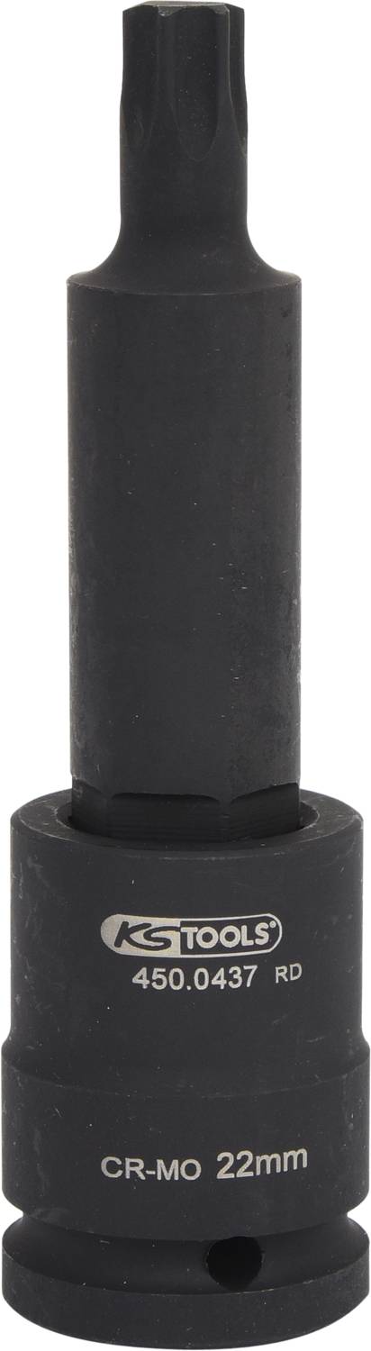 Ein schwarzer Steckschlüssel von KS Tools mit der Aufschrift '450.0437 RD' und 'CR-MO 22mm'; zum Lösen von Schrauben geeignet.