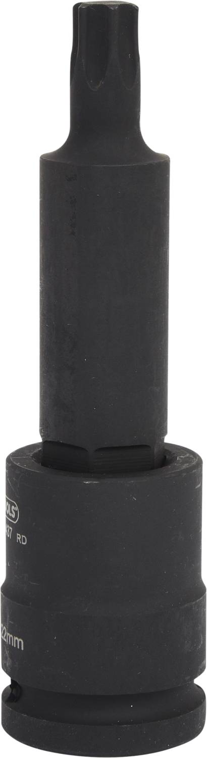 Ein schwarzer Steckschlüsseleinsatz mit Torx-Spitze. Verwendet für Schrauben mit Torx-Kopf, geeignet für präzises Arbeiten.