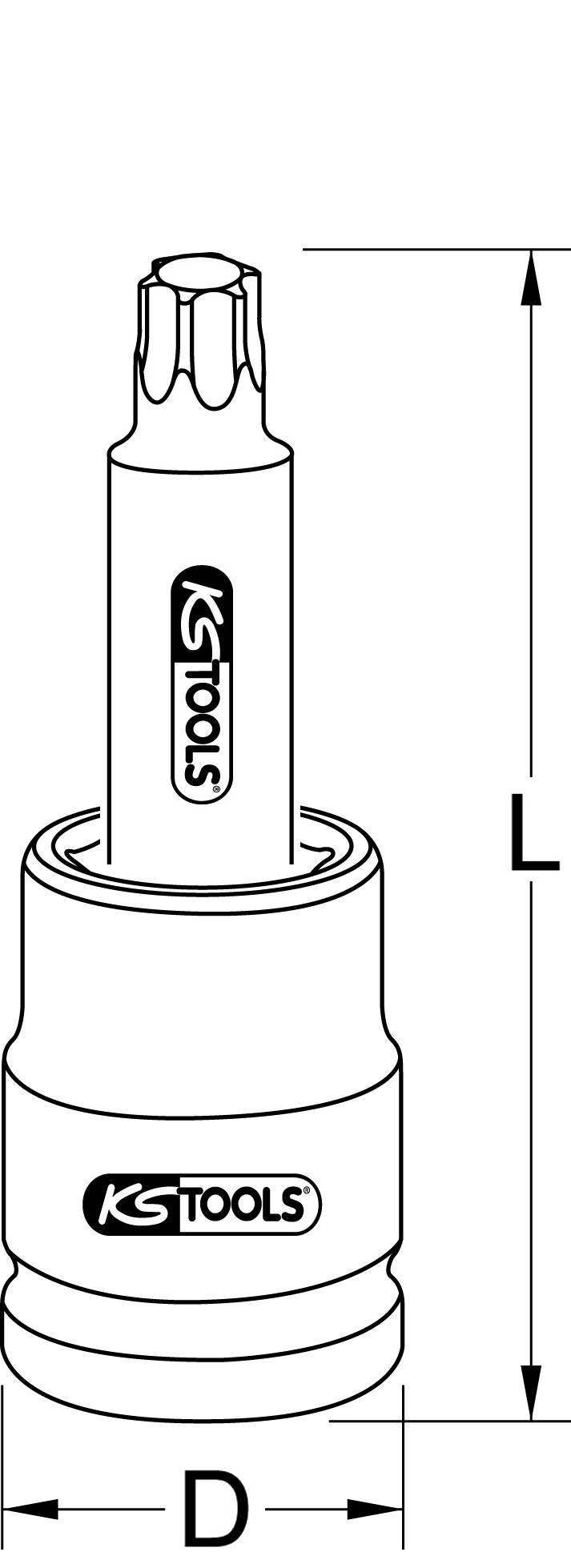 Abbildung eines Sechskant-Schraubendrehers mit KS TOOLS-Logo und den Maßen 'L' für Länge und 'D' für Durchmesser.