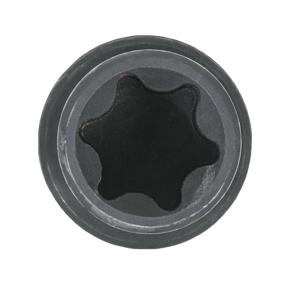 Kreuzförmiger Schraubenkopf mit einem sechszackigen sternförmigen Innensechskant-Profil, schwarz und silbern gefärbt.