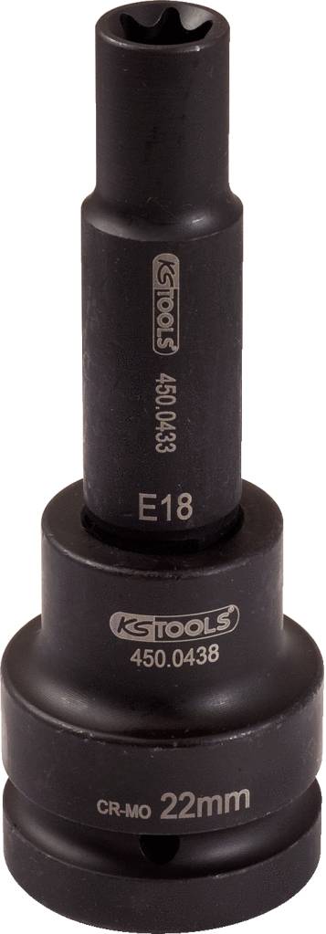 'KS Tools' Steckschlüssel, verchromt, Größe E18, 22 mm, mit Aufschrift 'CR-MO'. Geeignet für hohe Beanspruchungen.