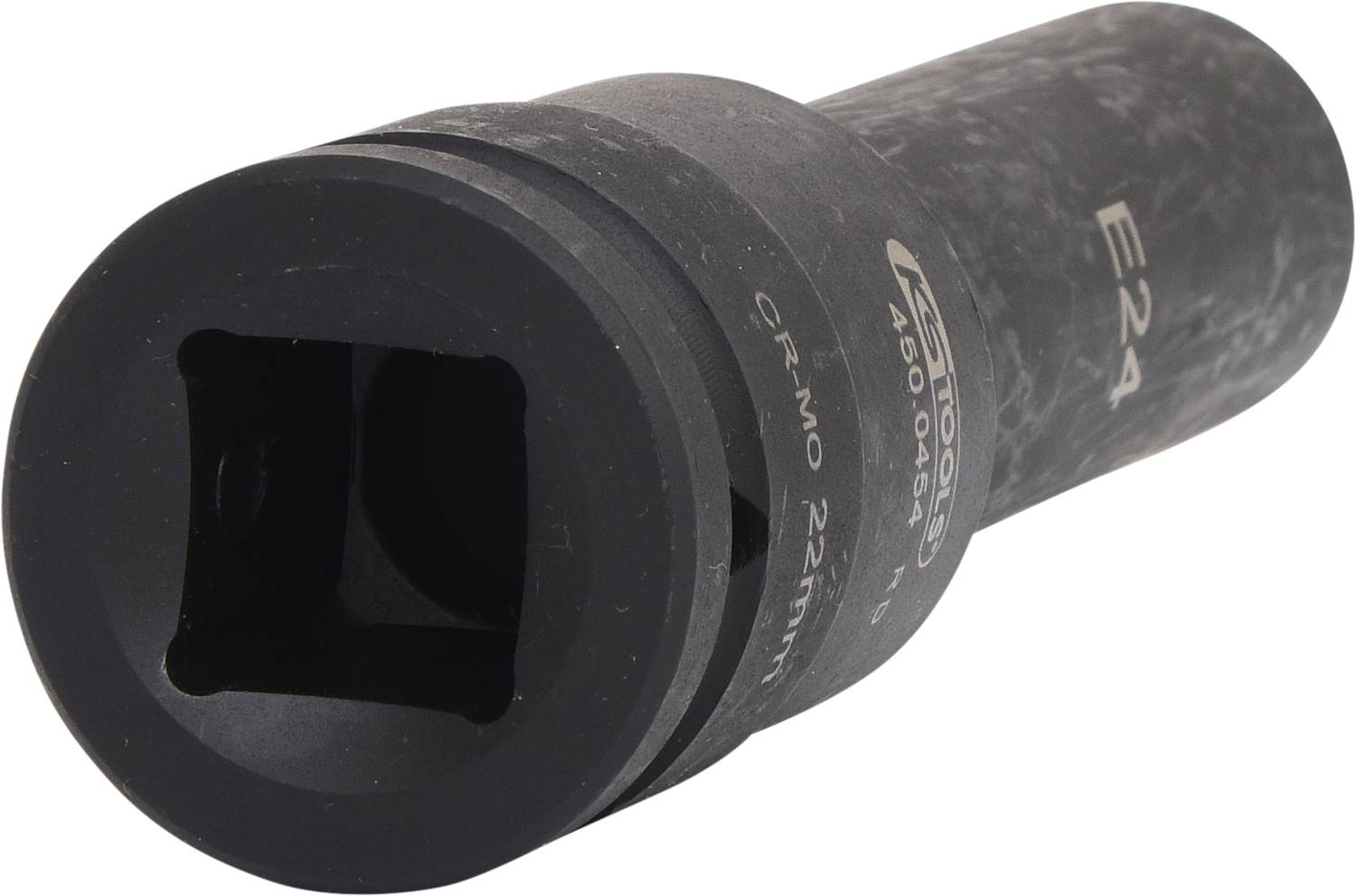 Schwarze Stecknuss, quadratische Öffnung, E24-Detail, CR-Mo-Material; robustes Werkzeug für mechanische Anwendungen.