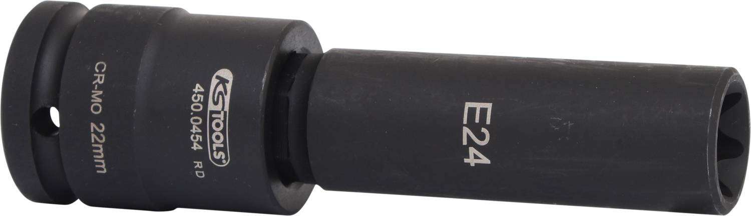 Abgebildet ist eine schwarze Stecknuss 'E24' aus robustem Material, 22 mm groß, von KS Tools.