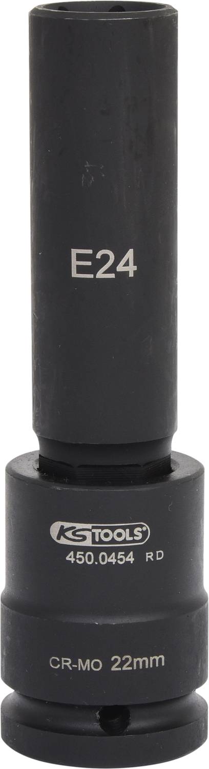Schwarze Stecknuss mit der Aufschrift 'E24', 'KS Tools' und 'CR-MO 22mm'. Verwendet für mechanische Arbeiten an Fahrzeugen.