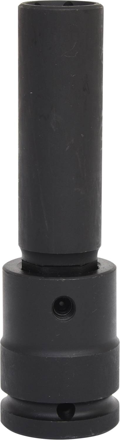 Ein schwarzes zylindrisches Metallteil, bestehend aus zwei Abschnitten, möglicherweise ein Maschinenteil oder Adapter.