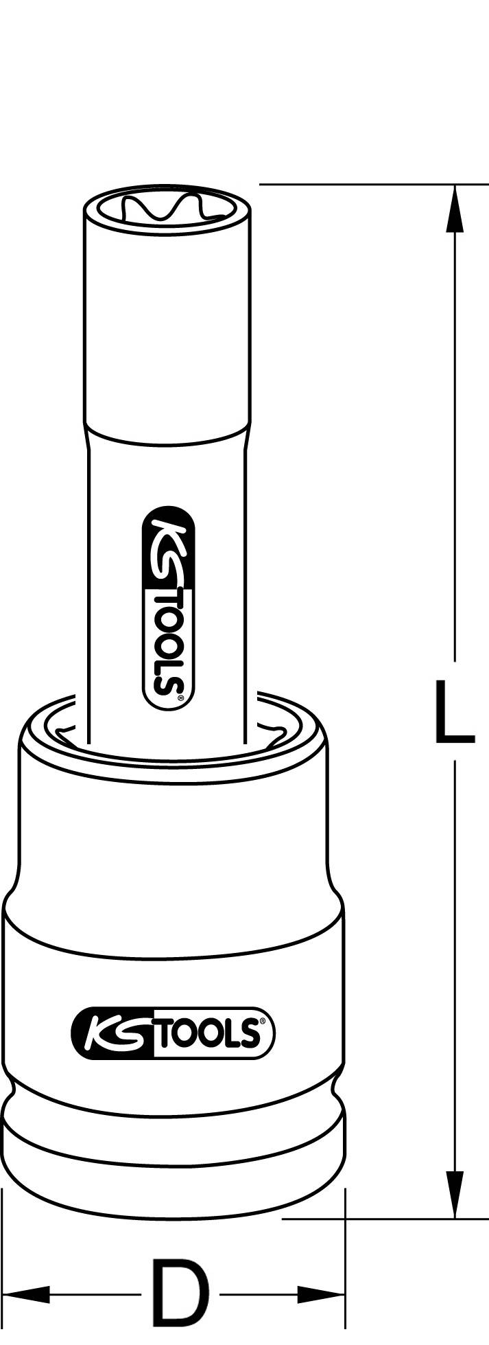 Steckschlüssel-Abbildung mit den Maßen D und L, versehen mit dem Logo von KS-Tools.