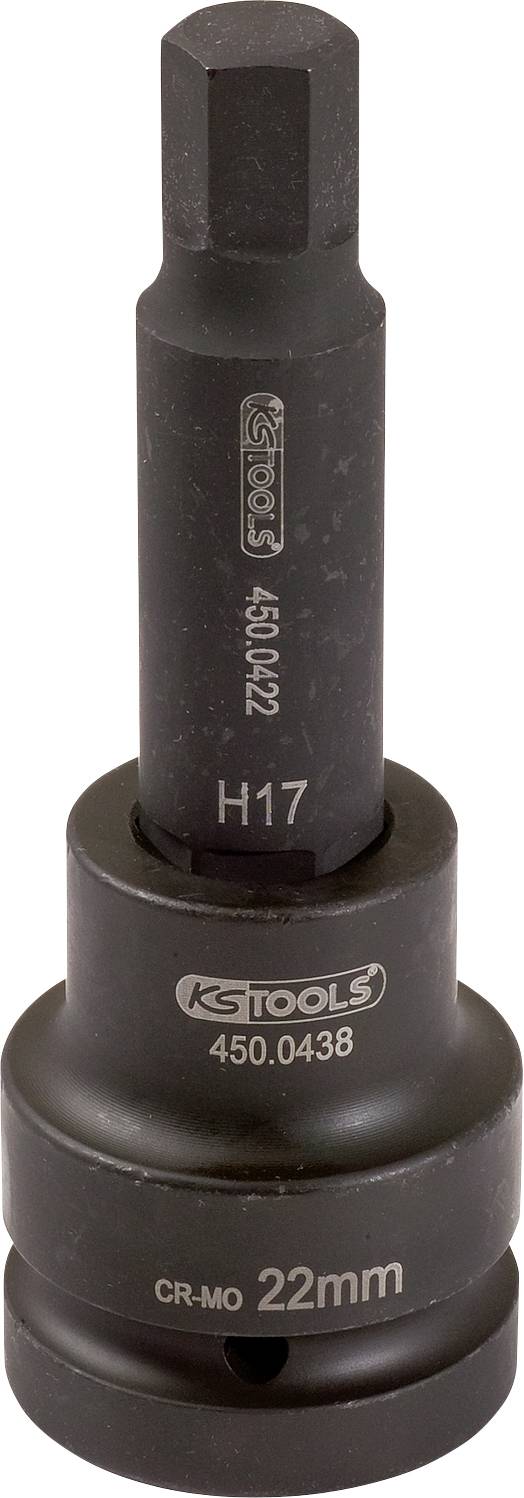 Nahaufnahme eines schwarzen KSTools H17 22-mm-Steckadapters mit der Bezeichnung 450.0438 und CR-MO, aufrecht auf weißem Hintergrund stehend.