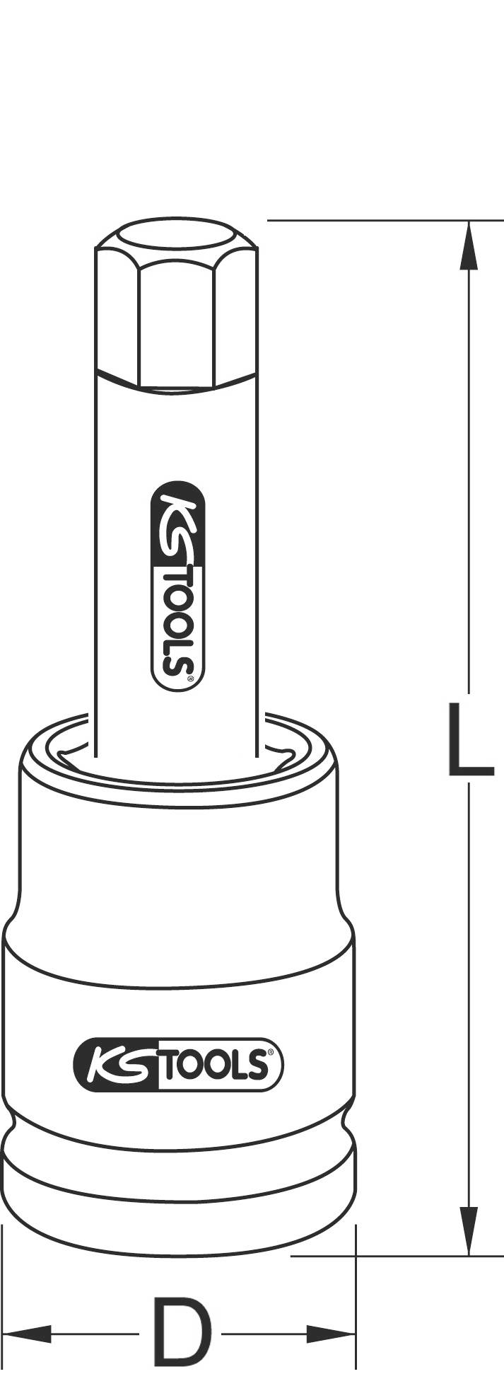 Sechskant-Stiftschlüssel mit langem Schaft, markiert mit dem Logo der Marke KS Tools. Maße: Länge (L), Durchmesser (D).