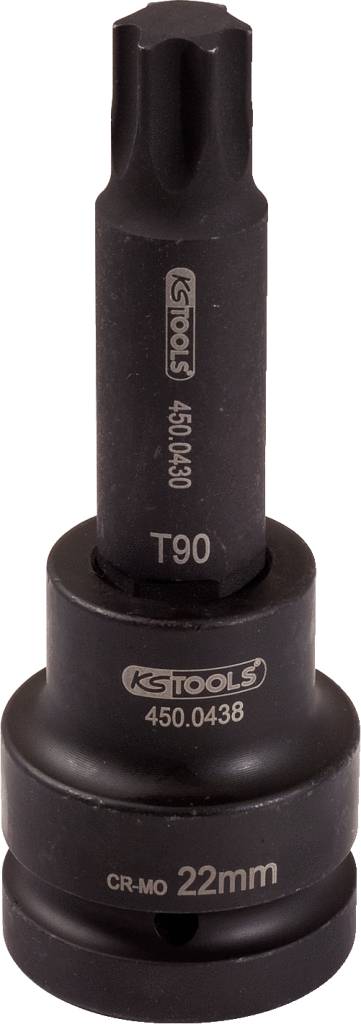 Ein schwarzer T90 Werkzeugaufsatz von KS TOOLS, 450.0438 Modellnummer, 22mm Größe. Geeignet für präzise mechanische Arbeiten.