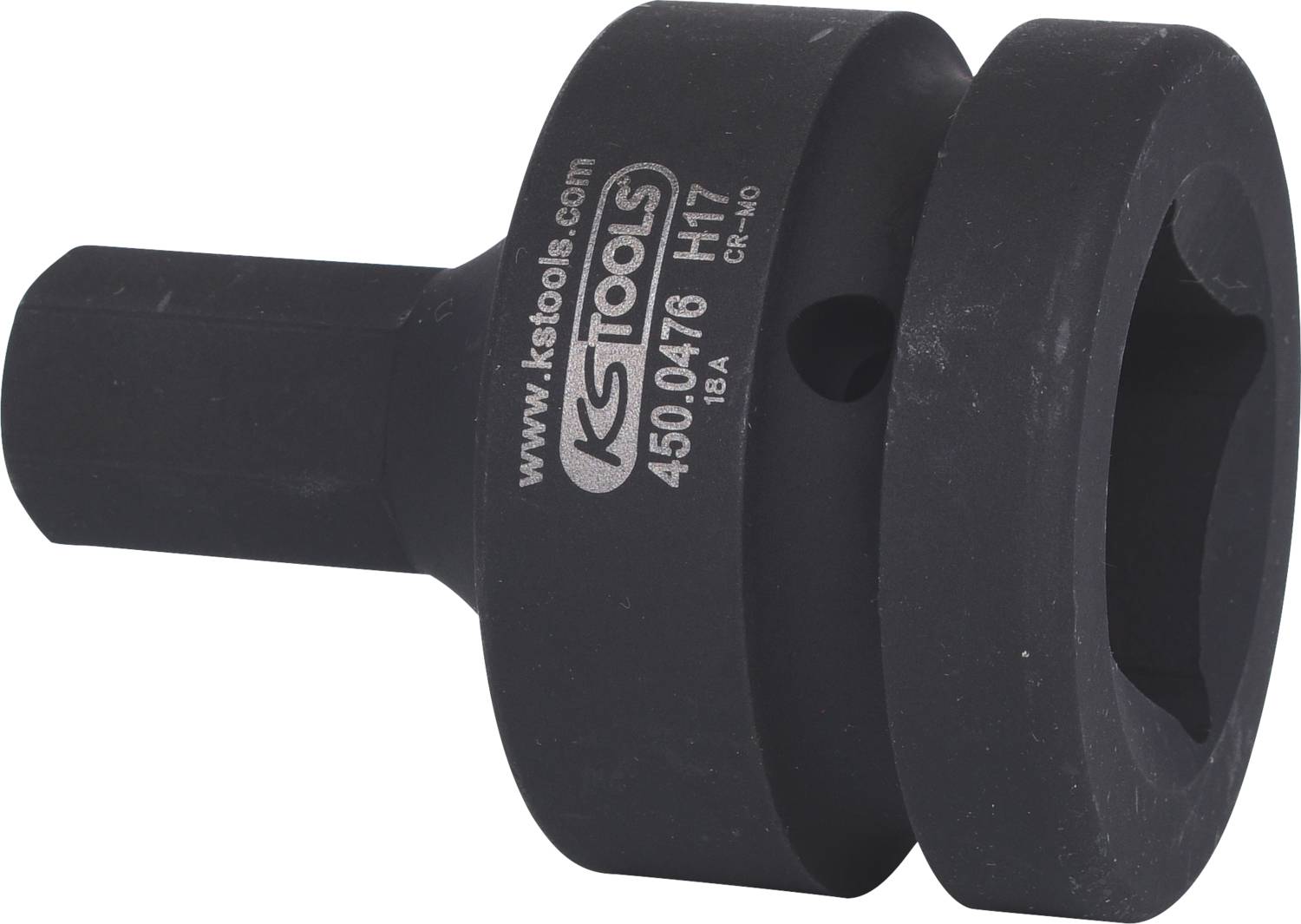 Schwarzer Stecknussadapter mit sechseckiger Aufnahme und runder Basis mit Aufschrift 'KS TOOLS 450.0476 H17'.