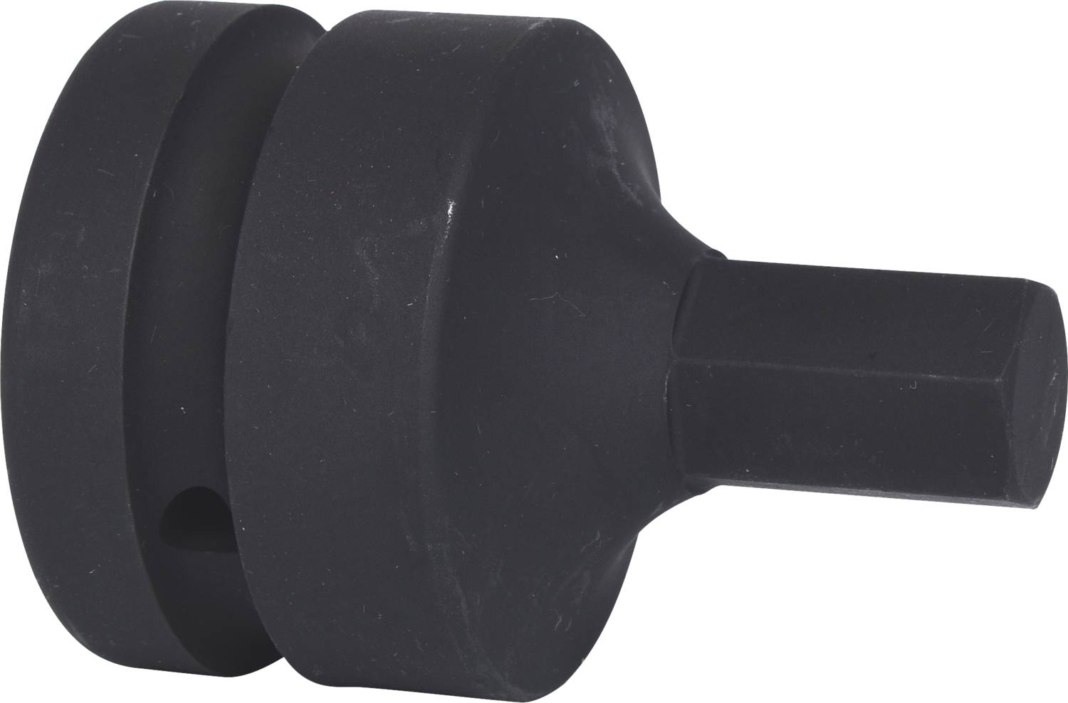 Ein schwarzer Metalladapter mit zylindrischem Körper und sechskantiger Spitze, verwendet als Verbindungselement für Werkzeuge.