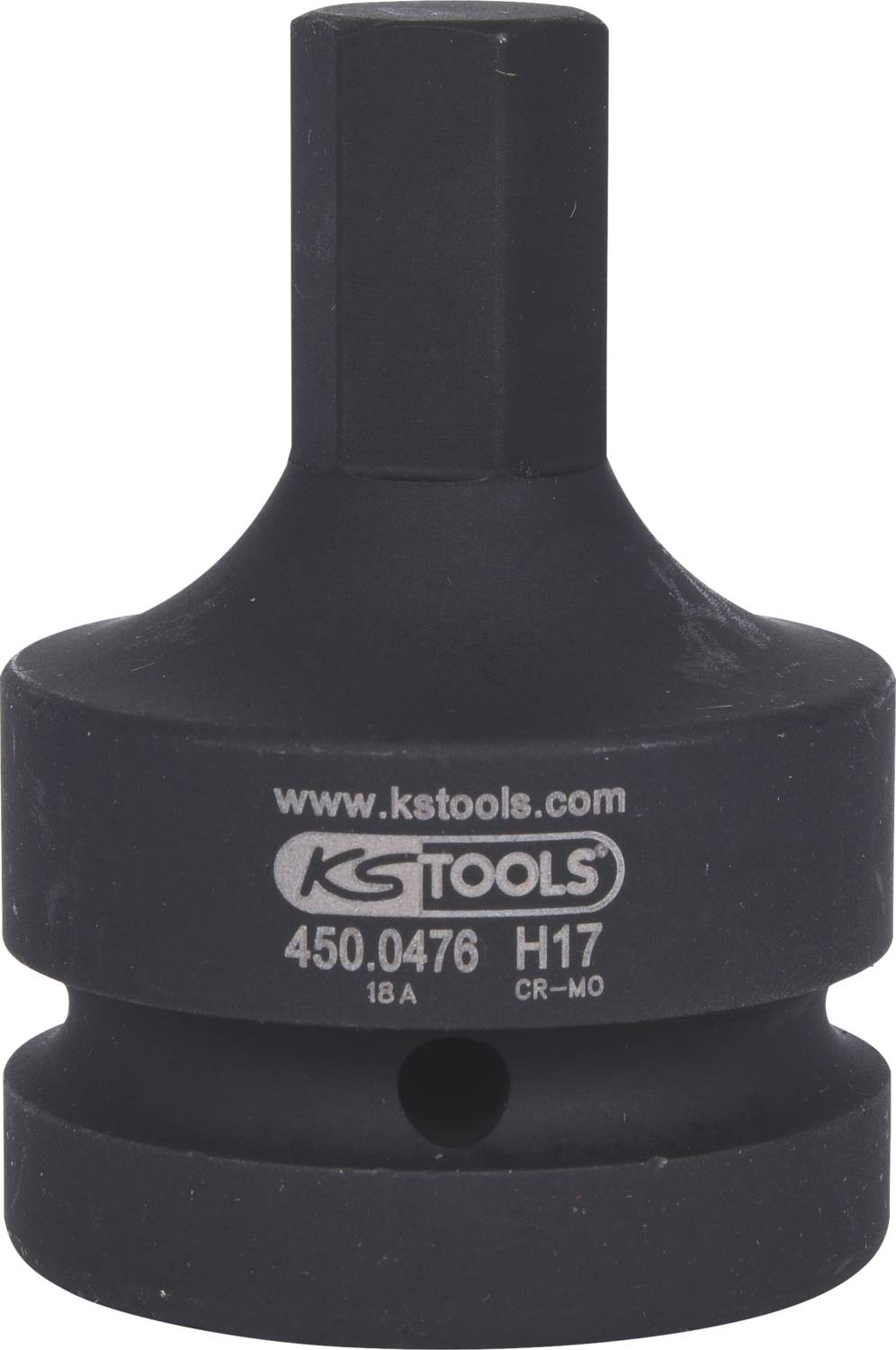 Ein schwarzer Adapter von KS Tools mit der Aufschrift 'www.kstools.com', Artikelnummer '450.0476', und Spezifikation 'H17'.