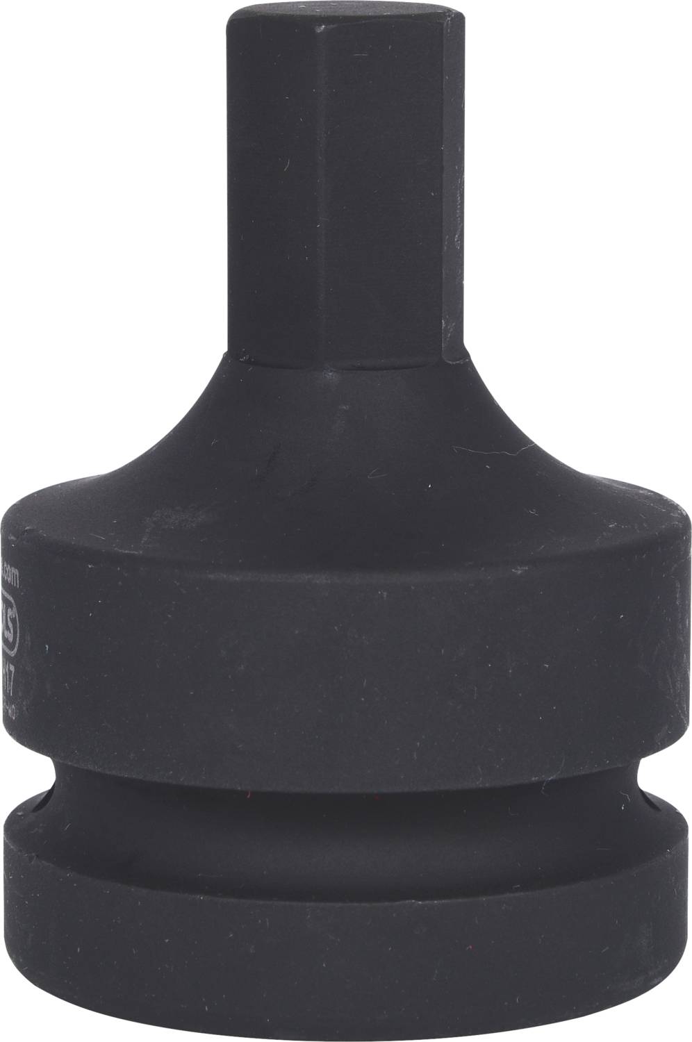 Ein runder schwarzer Werkzeugadapter mit quadratischem Antrieb oben, geeignet für Werkstatt- oder Industrieanwendungen.