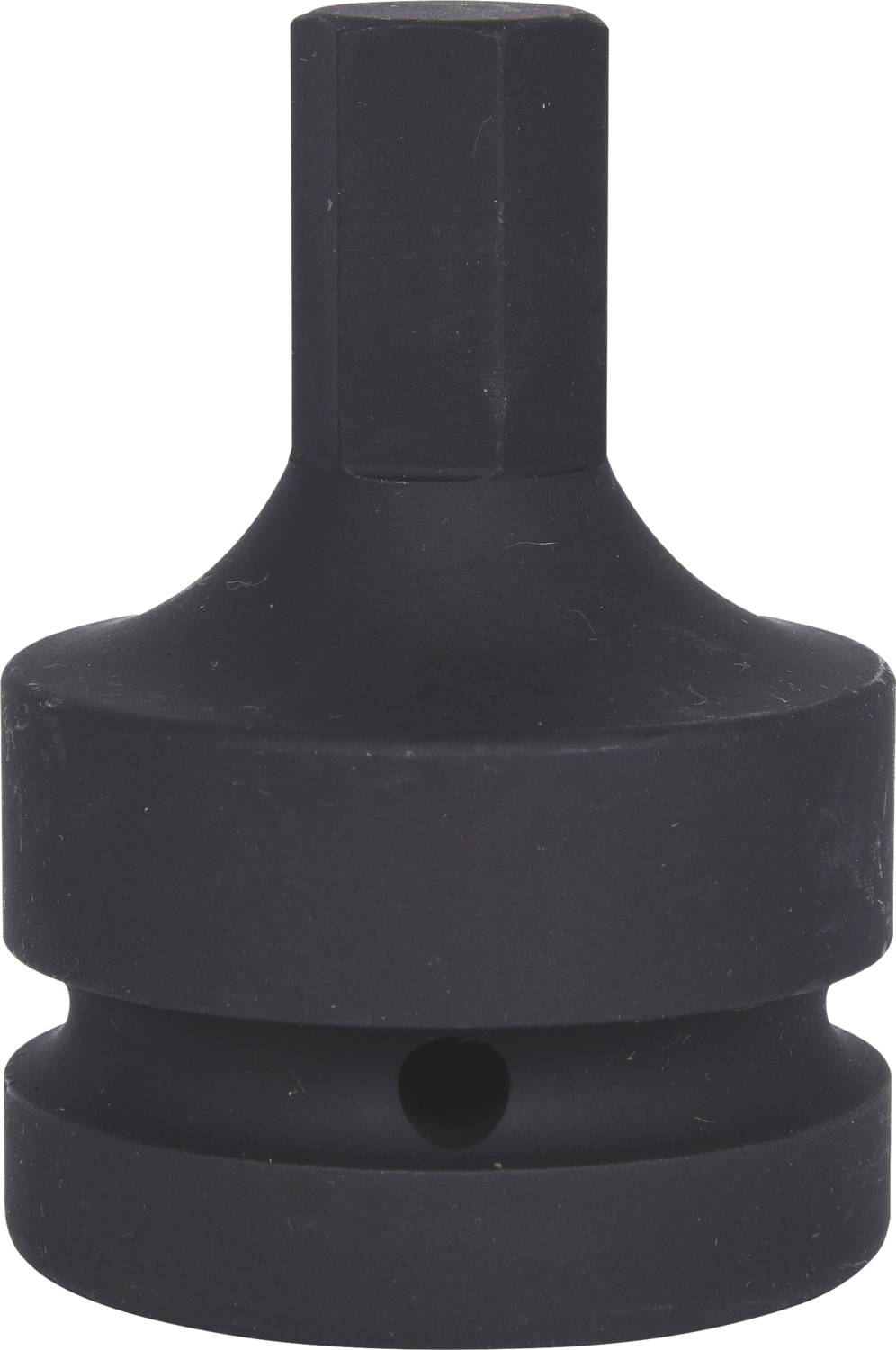 Ein schwarzes sechskantiges Werkzeug zur Verbindung von Stecknüssen mit einem elektrischen oder manuellen Schraubenzieher.