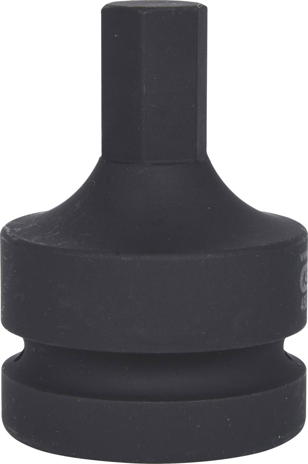 Ein schwarzer Adapter oder Werkzeugaufsatz mit sechseckigem Schaft und rundem, breitem Kopf. Verwendet zur Verbindung oder Anpassung von Werkzeugen.