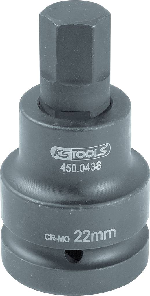 Große, sechskantige Stecknuss aus schwarzem Metall, auf der 'KSTOOLS 450.0438' und 'CR-MO 22mm' steht.