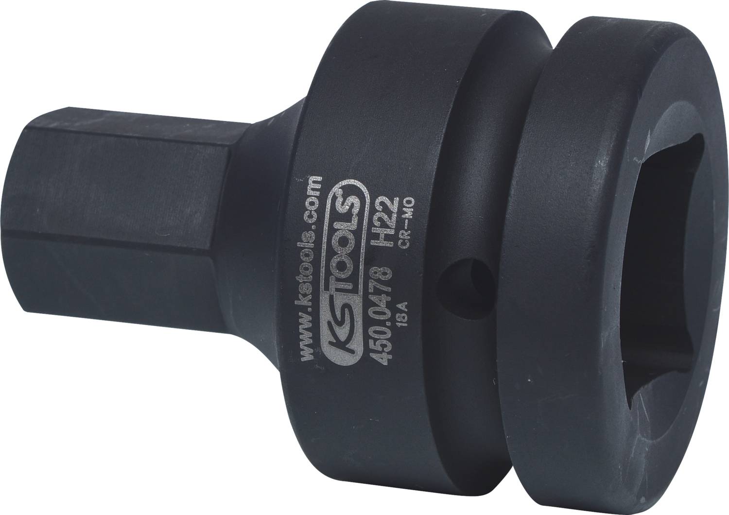Ein schwarzer, sechseckiger Adapter von KS Tools. Modellnummer 450.0478 mit H22- und Cr-Mo-Markierungen.