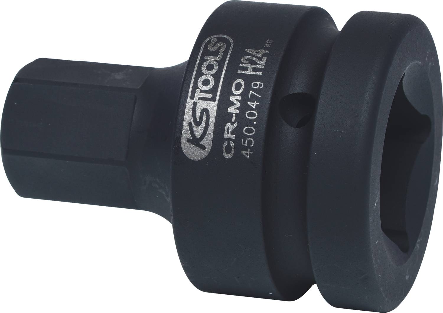 'KG Tools CR-MO H24' Stecknussadapter, schwarz, zylindrische Form, aus solidem Stahl. Mit Markierung für Größe und Material.