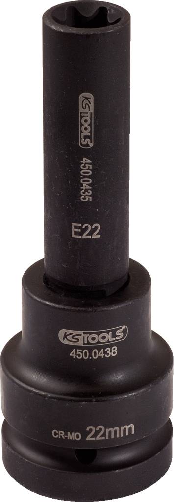 Ein schwarzer Werkzeugaufsatz mit Aufschrift 'CR-MO 22mm' und 'E22', hergestellt von KS Tools, abgebildet in einer stehenden Position.