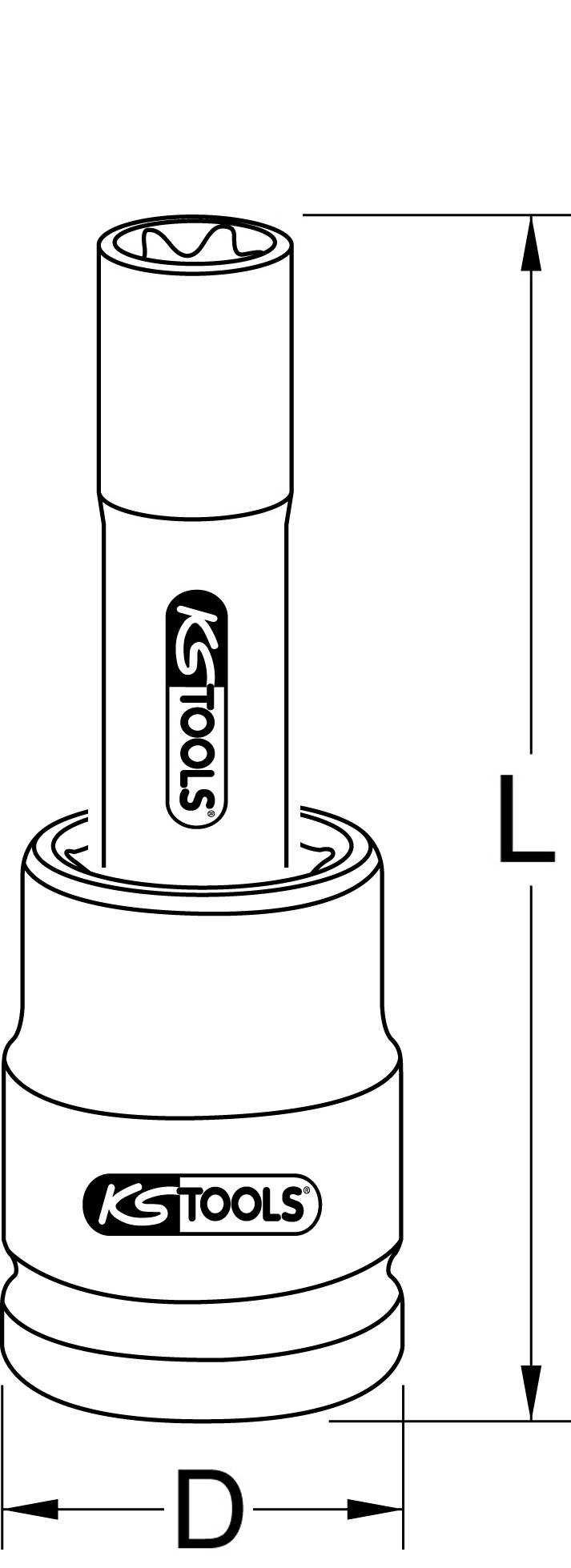 Verlängerungsnuss von KS Tools mit den Maßen: Länge (L) und Durchmesser (D). Werkzeugdesign mit Logo bedruckt.