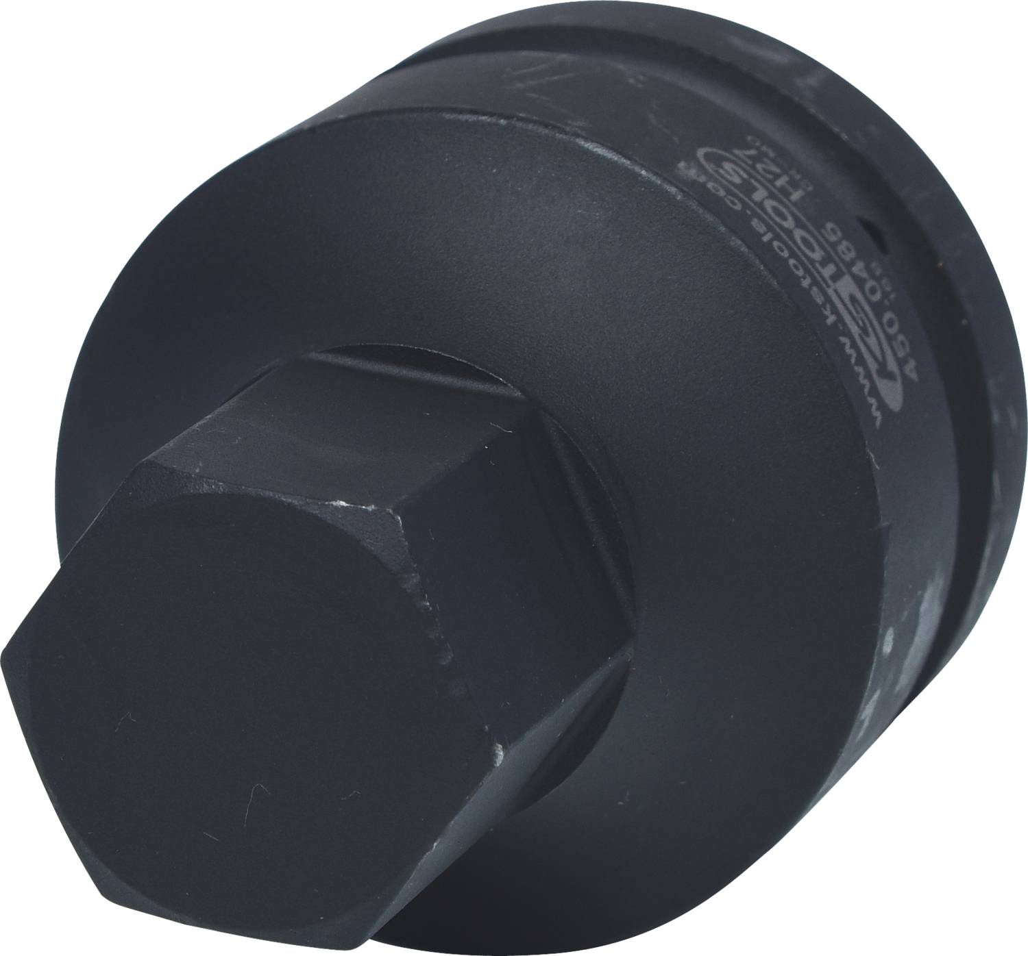 Schwarzer Metalladapter mit sechseckigem Kopf, verwendet für mechanische Werkzeuge. Rundes Design für festen Halt und vielseitigen Einsatz.