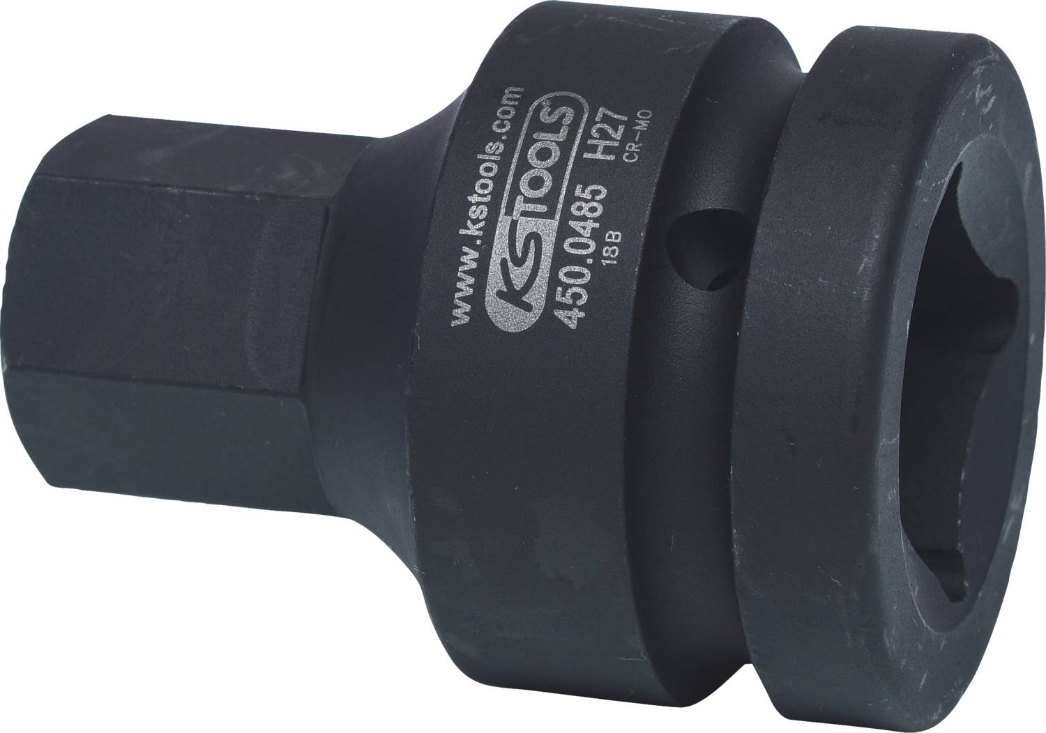 Schwarzer Schraubwerkzeugadapter mit Markierungen '450.0485 H27' und 'KS Tools'. Verwendet zum Verbinden von Werkzeugen.